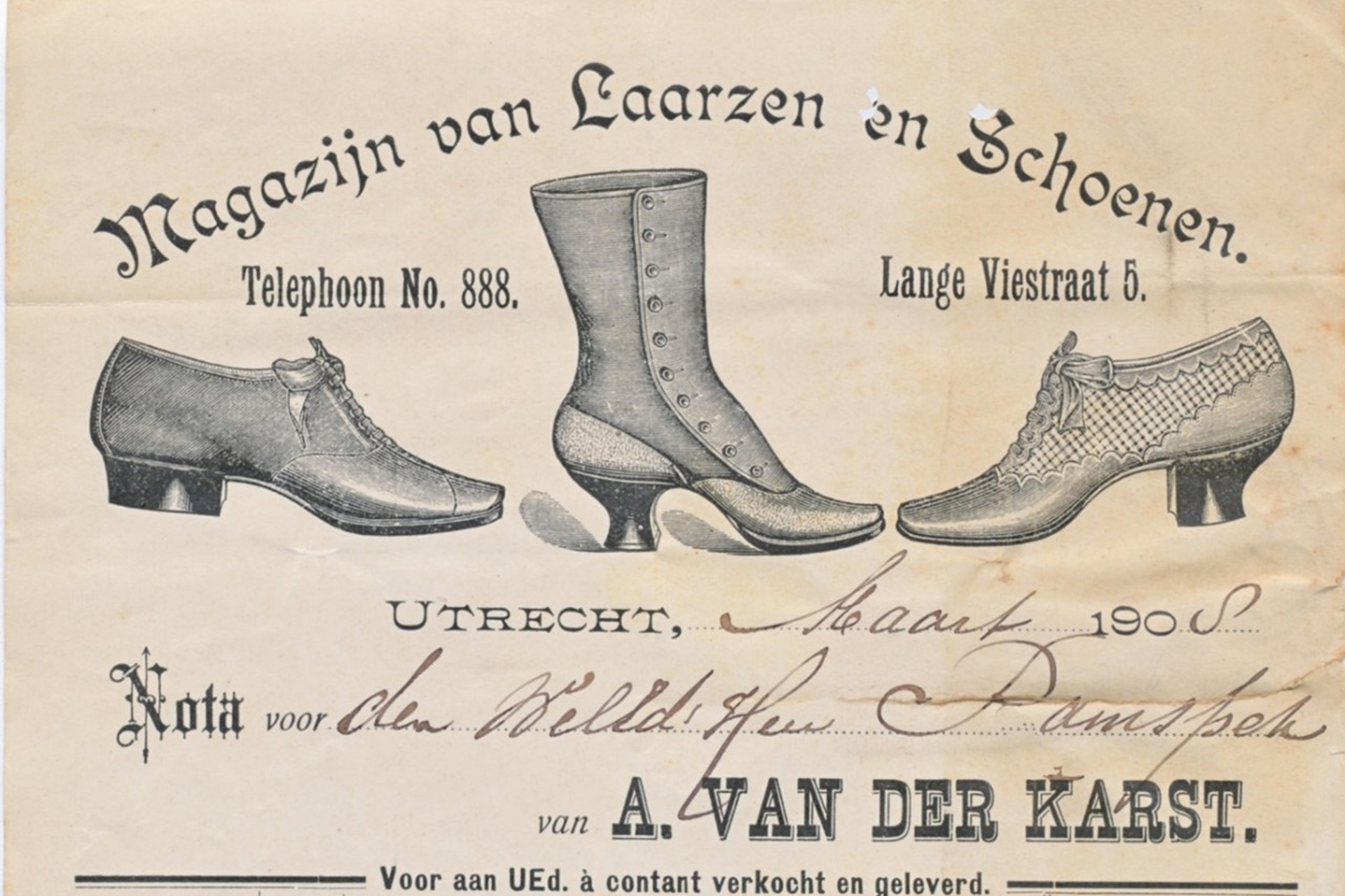 Kop van een nota met verschillende type schoen, maart 1908. [Het Utrechts Archief, inv. 710276]